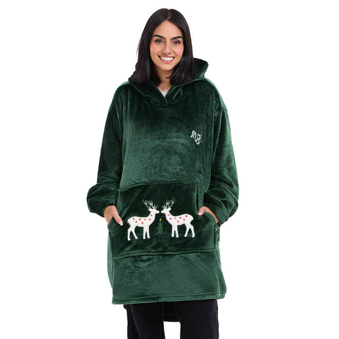 Snuggs Blanket Hoodie Dark Green Christmas Deer Pocket